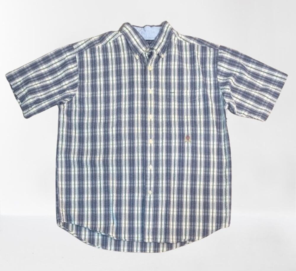 Vintage TOMMY HILFIGER 100% Cotton Casual Blue Plaid Button Down Shirt LARGE